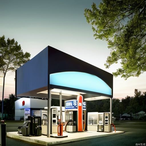 Gas station, masterpiece, high image quality, modernism, sense of design, lighting effects