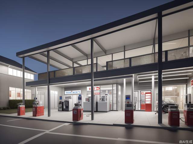 The modern design of the gas station, with its own lighting effects, steel structure roof, bright colors as a whole, large space, modern style, glass