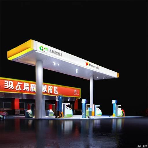 一个加油站，有设计感，夜间灯光效果，建筑