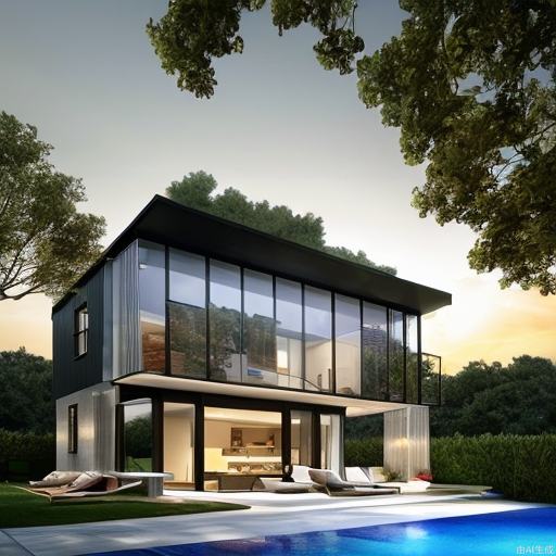 masterpieces, architecture, building, day,house, outdoors,best quality ,Detached house,The house is lined with trees,villa,swimming pool,staircase, cars ,Glass facades,Realistic lighting,Extreme lighting，sunset,