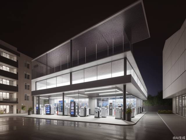 Modern gas station design, with its own lighting effects, steel structure roof, bright overall colors, large space, modern style, glass, cantilever structure