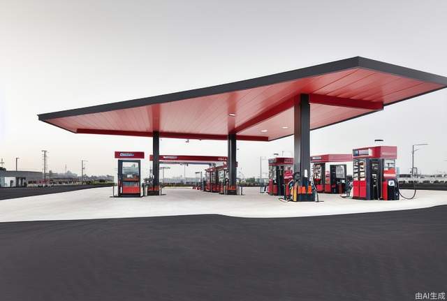 Modern design of gas station, with its own lighting effect, steel structure roof, bright overall color, large space, modern style, glass, large area of canopy