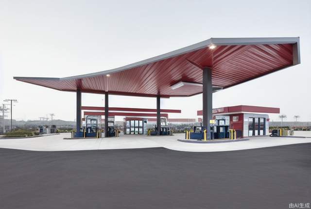 Modern design of gas station, with its own lighting effect, steel structure roof, bright overall color, large space, modern style, glass, large area of canopy