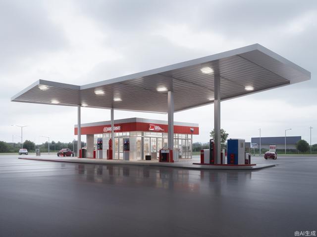 Modern gas station design, with its own lighting effect, steel structure roof, bright overall color, large space, modern style, glass, large ceiling