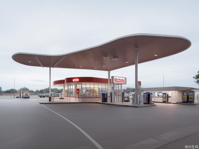 Modern design of gas station, with its own lighting effect, steel structure roof, bright overall color, large space, modern style, glass, large area of canopy