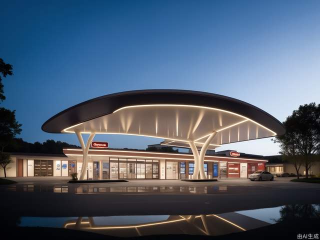 Modern gas station design, with its own lighting effects, large roof, columns, curved surface design, bright overall colors, large space, modern style, glass, car