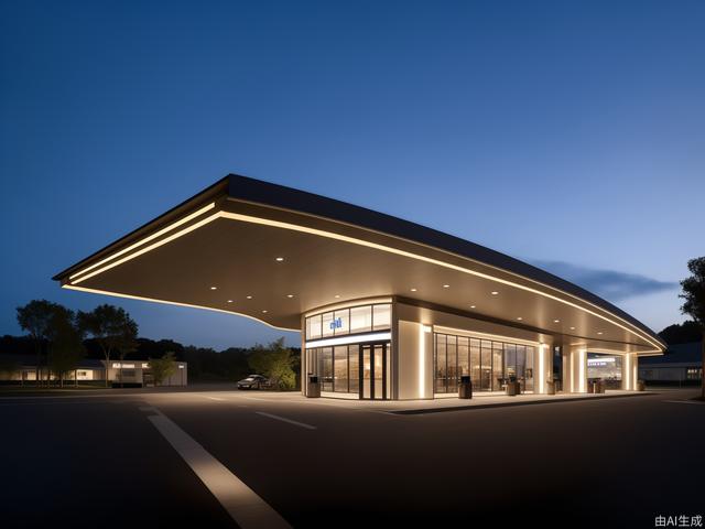 Modern design of gas station, with its own lighting effect, large roof, curved surface design, bright overall color, large space, modern style, glass