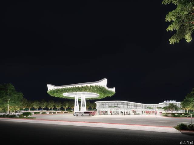 Futuristic gas station, lots of space under the eaves, geometric cutting design, LED light strips, fuel dispensers, orderly entry and exit of vehicles, iconic color scheme, vista renderings, greenery,