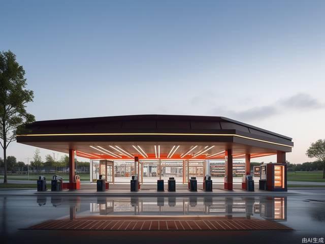 Futuristic gas station, geometric cutting, metal texture, large roof space, metal texture, LED light strip, solar roof, new fuel dispenser, orderly entry and exit of vehicles, iconic color scheme, rest area, convenience store, refueling area