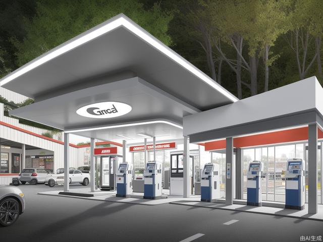 Futuristic gas station, geometric cutting design, LED light strip, fuel dispenser, orderly entry and exit of vehicles, iconic color scheme, convenience store and rest area, refueling area, vista renderings, greening, colorful, scattered layout, large venue