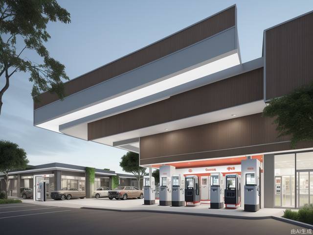 Futuristic gas station, lots of space under the eaves, geometric cutting design, LED light strips, fuel dispensers, orderly entry and exit of vehicles, iconic color scheme, vista renderings, greenery,