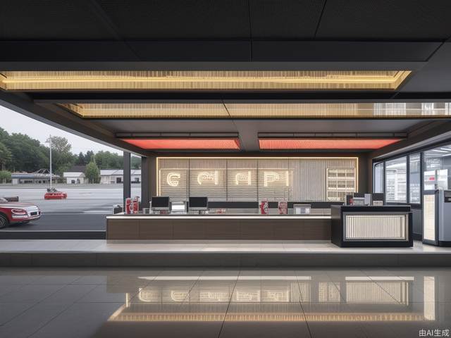 Futuristic gas station, geometric cutting design sense, metal texture, LED light strip, new fuel dispenser, orderly entry and exit of vehicles, iconic color scheme, second floor lounge area, convenience store, refueling area, vista