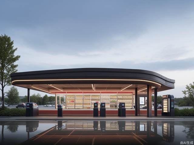 Futuristic gas station, geometric cutting design sense, metal texture, LED light strip, new fuel dispenser, orderly entry and exit of vehicles, iconic color scheme, rest area, convenience store, refueling area