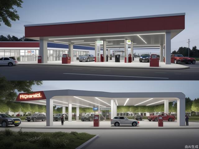 Futuristic gas station, lots of space under the eaves, geometric cutting design, LED light strips, fuel dispensers, orderly entry and exit of vehicles, iconic color scheme, vista renderings, greenery,