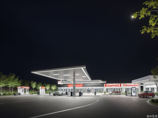 Gas station, lots of space under the eaves, geometric cutting design, luminous LED light strip, fuel dispenser, orderly entry and exit of vehicles, iconic color scheme, greenery, metallic texture, glass curtain wall