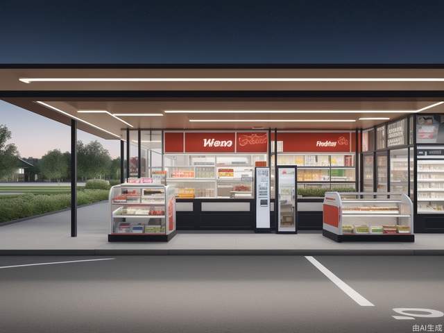 Geometric cutting design sense, metal texture, LED light strip, refueling machine, vehicle, iconic color scheme, you can see the second floor rest area, convenience store, refueling area, long-range renderings, greening