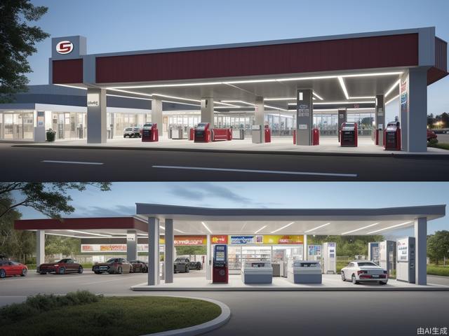 Futuristic gas station, lots of space under the eaves, geometric cutting design, LED light strips, fuel dispensers, orderly entry and exit of vehicles, iconic color scheme, convenience store and rest area, refueling area, vista renderings, greening, colorful, scattered layout, large site