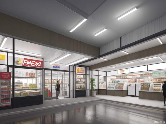 Geometric cutting design sense, LED light strip, refueling machine, orderly entry and exit of vehicles, iconic color scheme, convenience store, refueling area, vista renderings, greening, colorful,