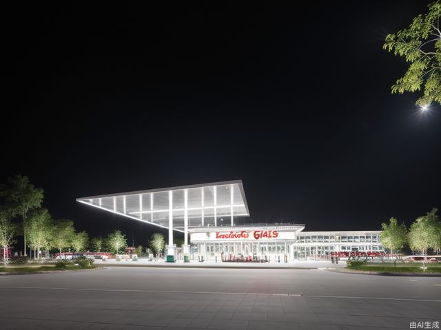 Gas station, lots of space under the eaves, geometric cutting design, luminous LED light strip, fuel dispenser, orderly entry and exit of vehicles, iconic color scheme, greenery, metallic texture, glass curtain wall