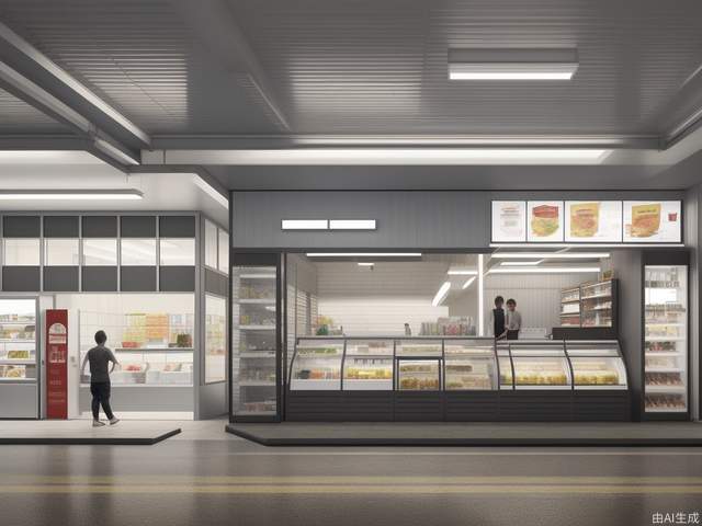 Geometric cutting design sense, metal texture, LED light strip, refueling machine, vehicle, iconic color scheme, you can see the second floor rest area, convenience store, refueling area, long-range renderings, greening