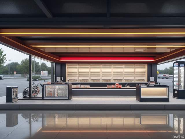 Futuristic gas station, geometric cutting design sense, metal texture, LED light strip, new fuel dispenser, orderly entry and exit of vehicles, iconic color scheme, can see the second floor rest area, convenience store, refueling area, long view