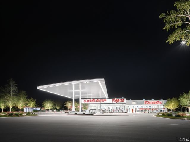 Gas station, lots of space under the eaves, geometric cutting design, luminous LED light strip, fuel dispenser, orderly entry and exit of vehicles, iconic color scheme, greenery, metallic texture, glass curtain wall