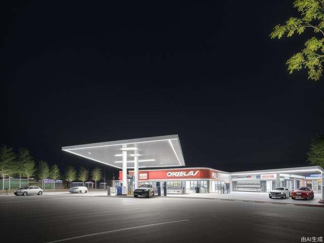 Gas station, lots of space under the eaves, geometric cutting design, luminous LED light strip, fuel dispenser, orderly entry and exit of vehicles, iconic color scheme, greenery, metallic texture, glass curtain wall