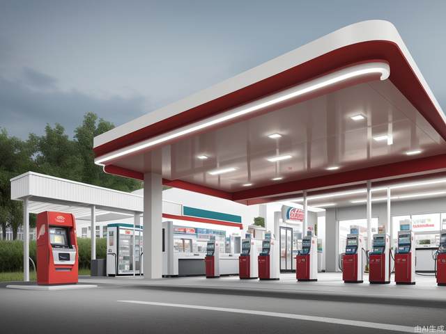 Futuristic gas station, geometric cutting design, LED light strip, fuel dispenser, orderly entry and exit of vehicles, iconic color scheme, convenience store and rest area, refueling area, long-range renderings, greening, colorful,