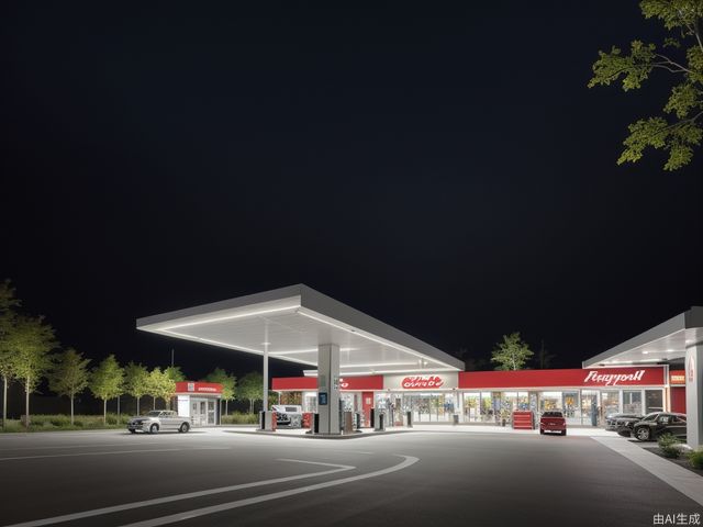 Gas station, large space under the eaves, geometric cutting design, luminous LED light strip, fuel dispenser, orderly entry and exit of vehicles, iconic color scheme, greening, metallic texture, Gas station, large space under the eaves, geometric cutting design, luminous LED light strip, fuel dispenser, orderly entry and exit of vehicles, iconic color scheme, greening, metallic texture,