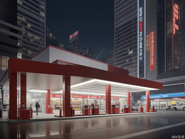 Lingnan lion dance culture gas station, integrating traditional lion dance dynamic aesthetics, modern streamlined architecture, ultra-realistic rendering + cyberpunk lighting, wavy metal streamlined roof, metal texture accounts for 60%, and the theme color is red, yellow and black
