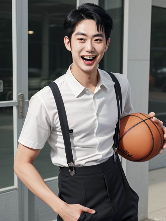 A man with a basketball in one hand and an invitation gesture in the other. He has a medium haircut and wears suspenders, a black top, grey pants and white suspenders. Clear eyes, melon seed face, long eyebrows, high nose, slightly open mouth showing front teeth