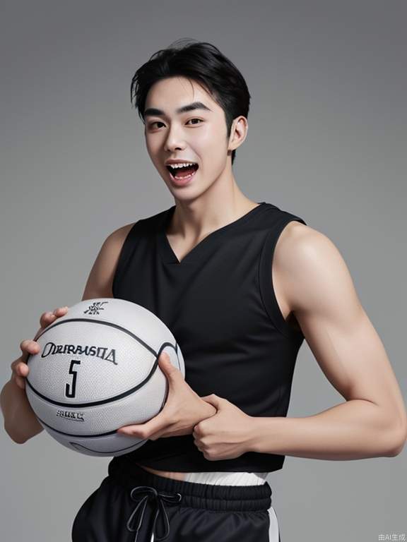 A man with a basketball in one hand and an invitation in the other. His hairstyle is medium, he is wearing a black top, gray pants, a white strap, clear eyes, a melon face, long eyebrows, a high nose, and a slightly open mouth showing his upper front teeth