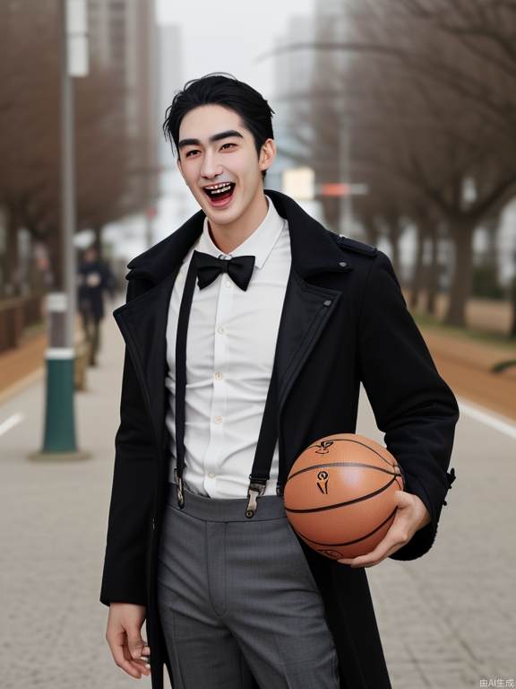 He held a basketball in one hand and made an inviting gesture in the other, hair parted in the middle. He was wearing a black autumn coat, gray pants with white suspenders. His eyes were clear, with a melon face, long eyebrows, a high nose, and a slightly open mouth showing his front teeth