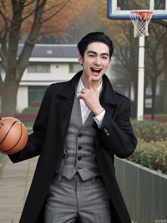 He held the basketball in one hand, the other hand forward, with the middle of his hair parted. He wore a black autumn coat and grey trousers with white suspenders. His eyes were clear, a melon face, long eyebrows, a high nose, and a slightly open mouth revealing the top row of front teeth