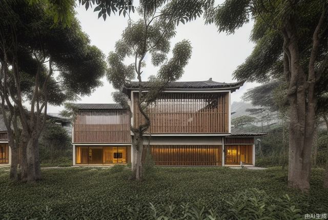 A three-story homestay with modern elements located next to a tea garden