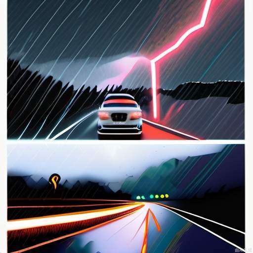 Please generate a long shot showing a highway in a rainstorm, lightning lighting up the night sky, and an Audi car driving through the rain.