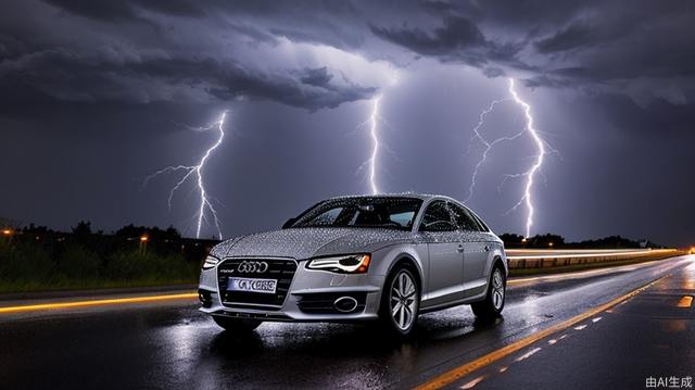 Please generate a long shot showing a highway in a rainstorm, lightning lighting up the night sky, and an Audi car driving through the rain.