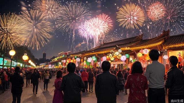 On the street at night, colorful lanterns hung on both sides of the street, flashing lights, creating a warm and romantic atmosphere. In the distance, fireworks could be seen blooming in the night sky, the light of fireworks and lanterns intertwined, people came and went on the street, people's faces were filled with happy smiles, and the background was an antique building, showing the excitement and fireworks of Lantern Festival.