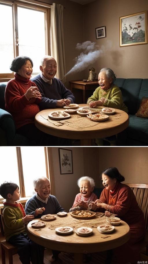 A cozy family living room, with a round bright moon outside the window, the moonlight shines into the house, creating a peaceful and beautiful atmosphere. The family sits together, and the table is covered with steaming dumplings, which symbolize reunion and happiness. The elders have loving smiles on their faces, and the children talk excitedly. The word "Fu" is hung on the background wall, and the whole picture is full of the warmth of home and the peace of the festival.