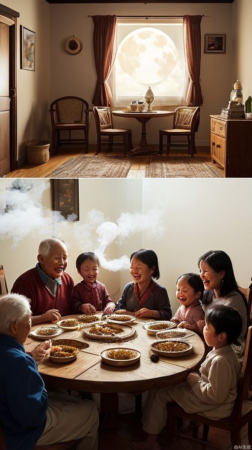 A cozy family living room, with a round bright moon outside the window, the moonlight shines into the house, creating a peaceful and beautiful atmosphere. The family sits together, and the table is covered with steaming dumplings, which symbolize reunion and happiness. The elders have loving smiles on their faces, and the children talk excitedly. The word "Fu" is hung on the background wall, and the whole picture is full of the warmth of home and the peace of the festival.