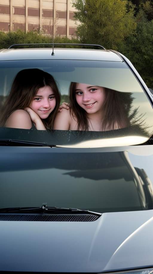 There is a reflection on the front windshield of a car. The reflection is of two girls, one girl hugging the other girl's shoulder