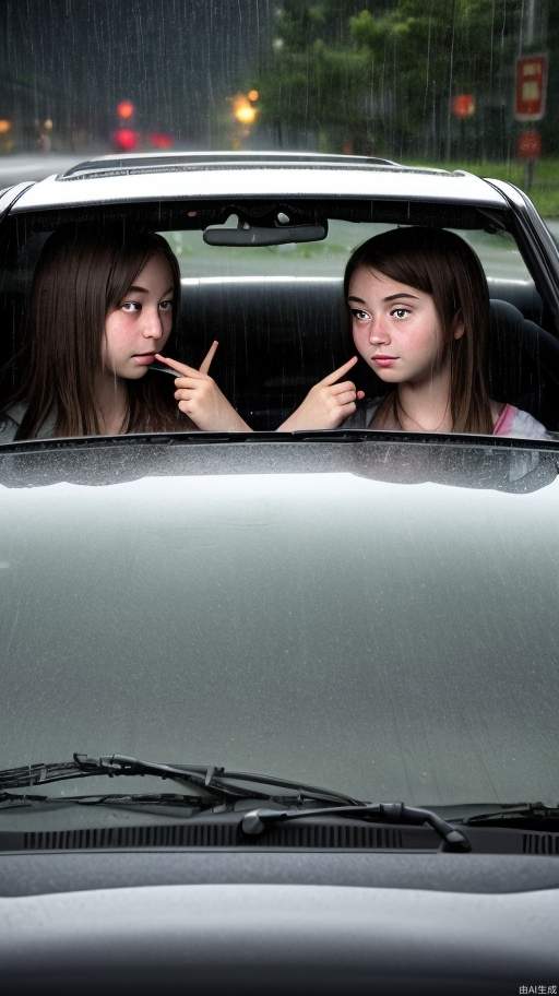 The front windshield of the car reflects the shadows of two girls. Rainy weather.