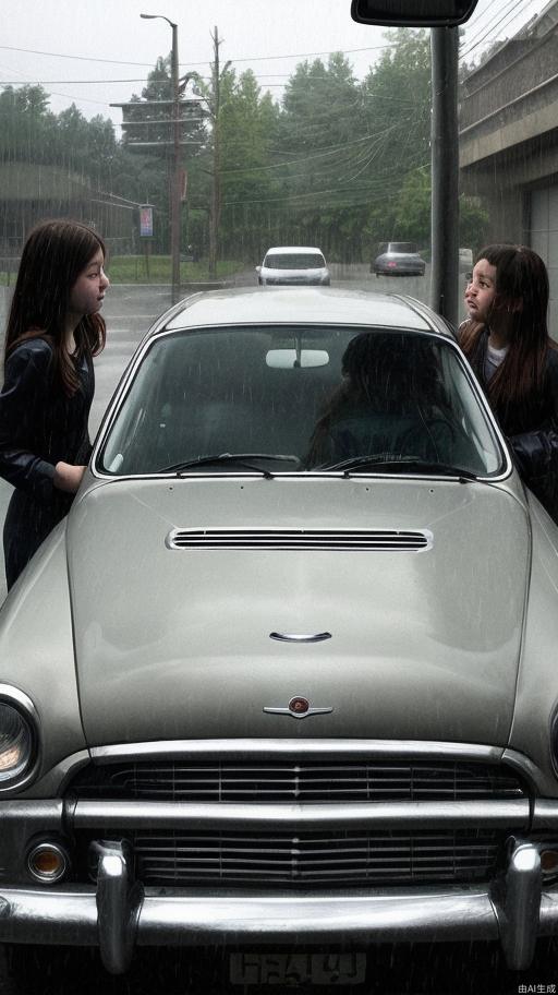 The front windshield of the car reflects the shadows of two girls. Rainy weather.