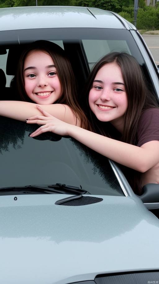 There is a reflection on the front windshield of a car. The reflection is of two girls, one girl hugging the other girl's shoulder