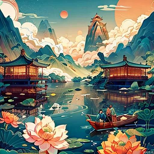 Guochao Camellia, Cloud, Architecture, Water, Boat, Landscape, Outdoors, Sky, Fish, Boat, Waves, Food, No People, Flowers, East Asian Architecture, Ocean, Sky, Architecture, Solo, 1 Girl, Blue Sky, Safflower, Oriental Dragon, Zongzi, Dragon Boat, Grass, Bamboo Leaf,, SFW, (Masterpiece: 1,2), Best Quality, Masterpiece, Highland, Original, Extremely Detailed Wallpaper, Perfect Illumination, (Extremely Detailed CG: 1.2), < lora: guochaochahua_v2: 0.7 >, An Yang