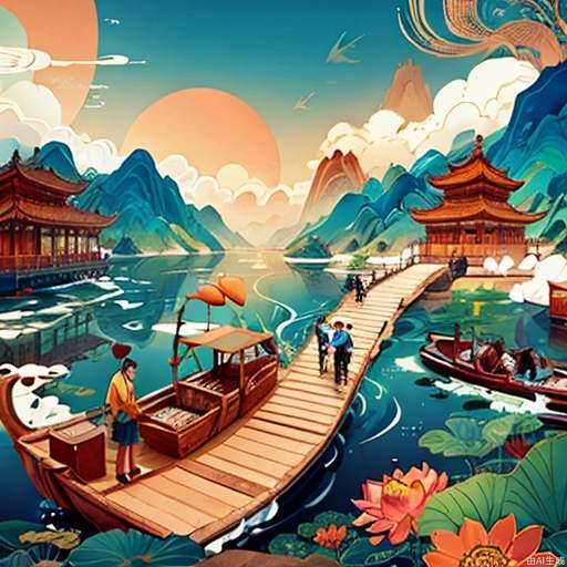 guochaochahua, cloud, building, water, watercraft, scenery, outdoors, sky, fish, boat, waves, food, no humans, flower, east asian architecture, ocean, day, architecture, solo, 1girl, blue sky, red flower, eastern dragon, Zongzi, dragon boat, grass, Bamboo leaves,,SFW, (masterpiece:1,2), best quality, masterpiece, highres, original, extremely detailed wallpaper, perfect lighting,(extremely detailed CG:1.2),   <lora:guochaochahua_v2:0.7> ,