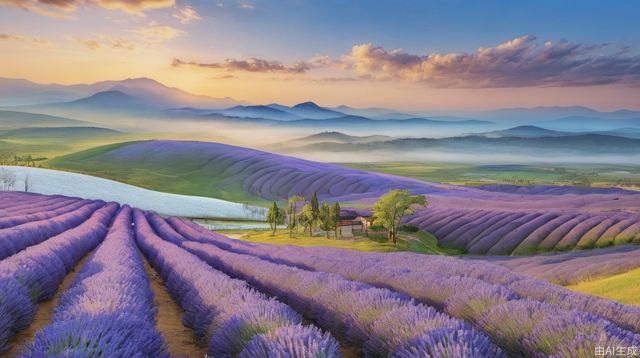 The best quality, high resolution, perfect lighting, (excellent CG: 1.2), 32K. Endless lavender, blue sky and white cloud sky, snow-covered mountains, vistas