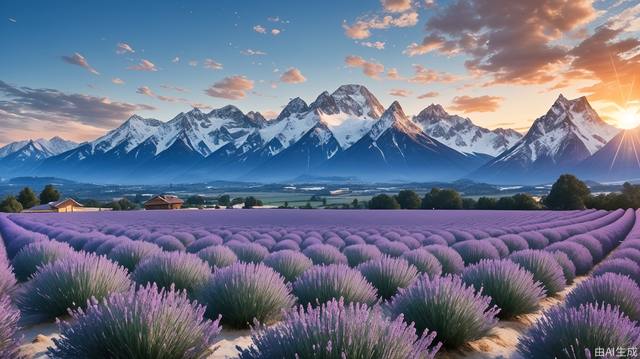 The best quality, high resolution, perfect lighting, (excellent CG: 1.2), 32K. Endless lavender, blue sky and white cloud sky, snow-covered mountains, vistas