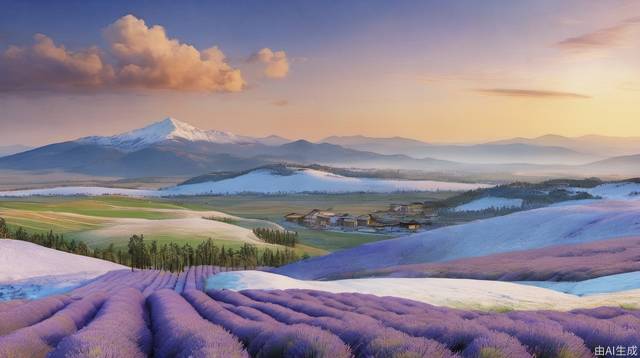 The best quality, high resolution, perfect lighting, (excellent CG: 1.2), 32K. Endless lavender, blue sky and white cloud sky, snow-covered mountains, vistas