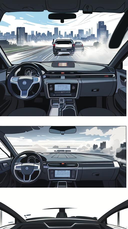 A car with double flashes in the morning fog, the dashboard shows 8:30 (half an hour earlier than scheduled), the driver exhales white air as he wipes the windows, and the rearview mirror reflects the brightening skyline